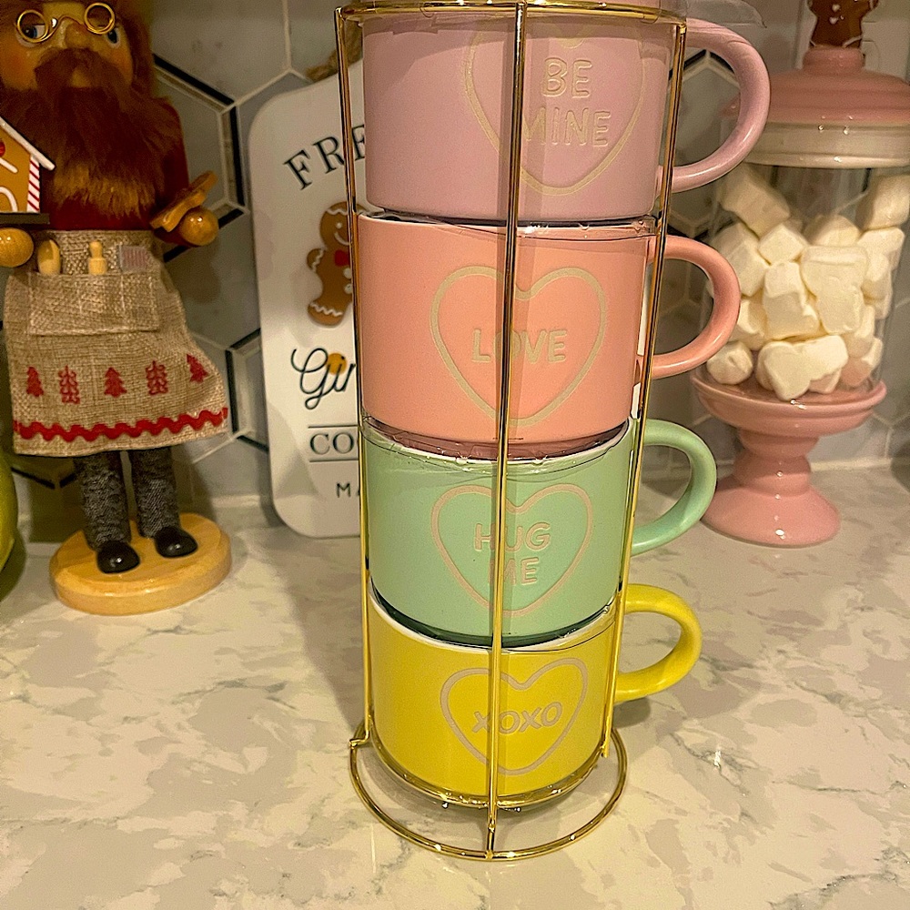 Valentine's Conversation Hearts Set of 4 Stackable Mugs Pastel Pinkmas